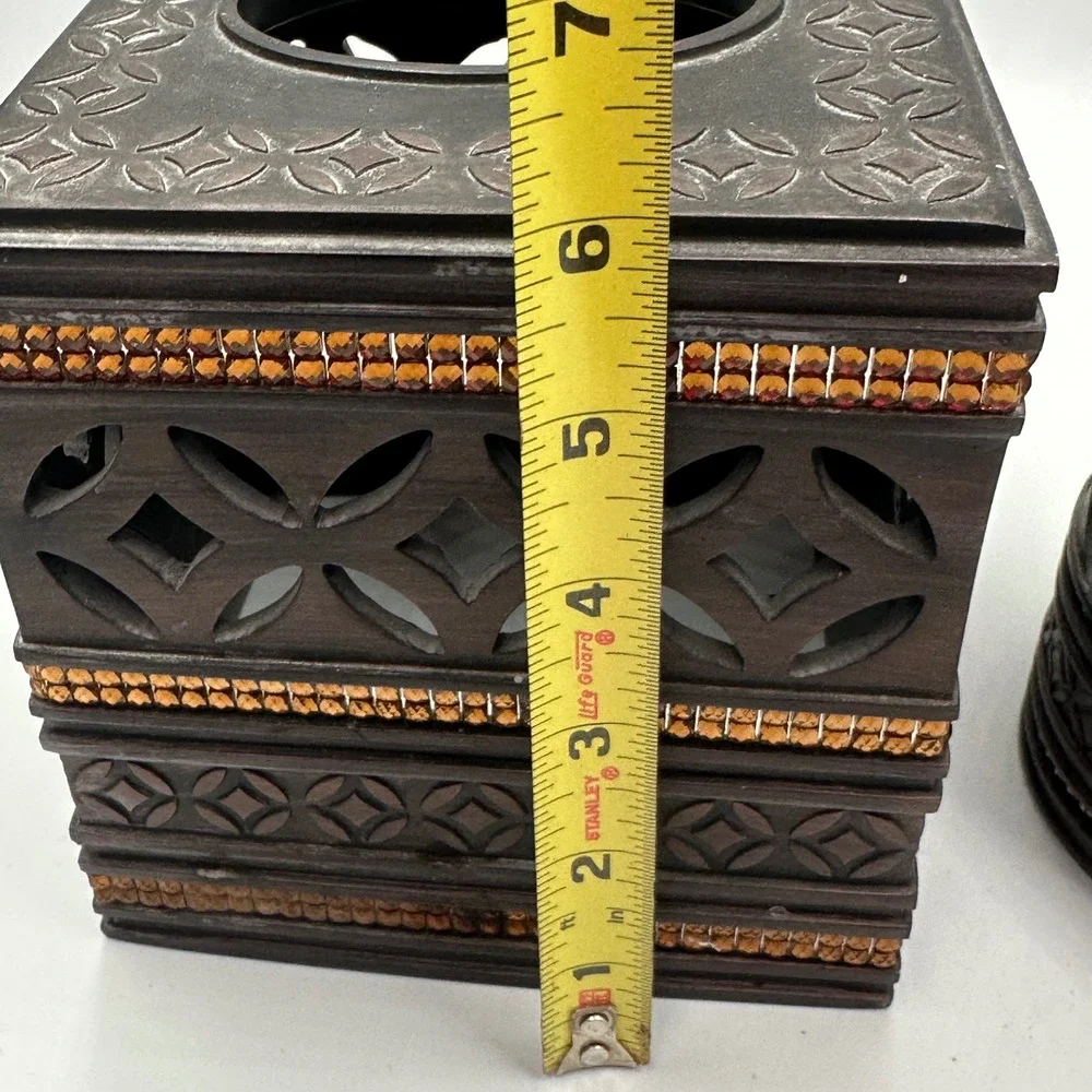 2pc Bathroom Vanity Set Tissue Box Cover Lidded Canister Bronze Gold Rhinestone